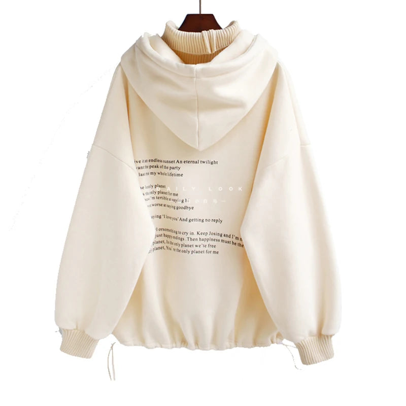 Women Casual Hoodies Sweatshirts Warm Velvet Long Sleeve Loose Solid Letter Tops Spring Pullover