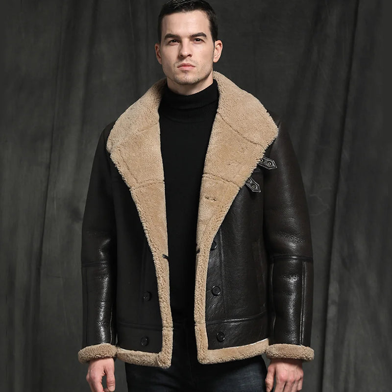 Men Winter Black Sheepskin Fur Shearling Jackets Brown Real Fur Coats