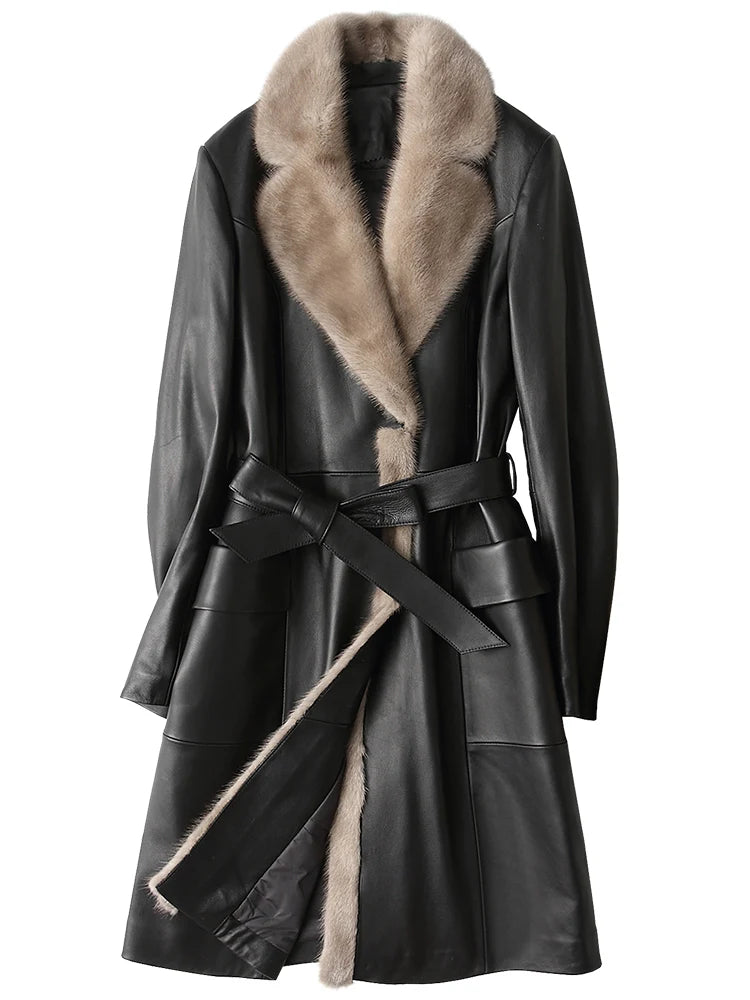 Women's Winter Coat Female Natural Mink Fur Collar Genuine Leather Duck Down Jacket Women Leather
