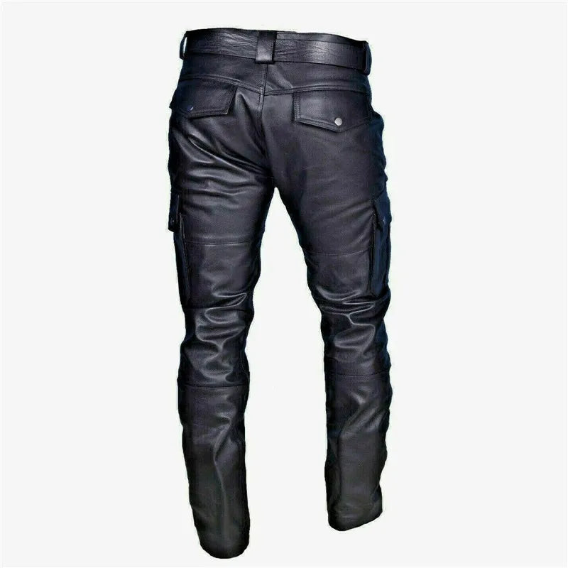 Men Motorcycle Faux Leather Cargo Pants Multi Pockets Biker Rider Trouser