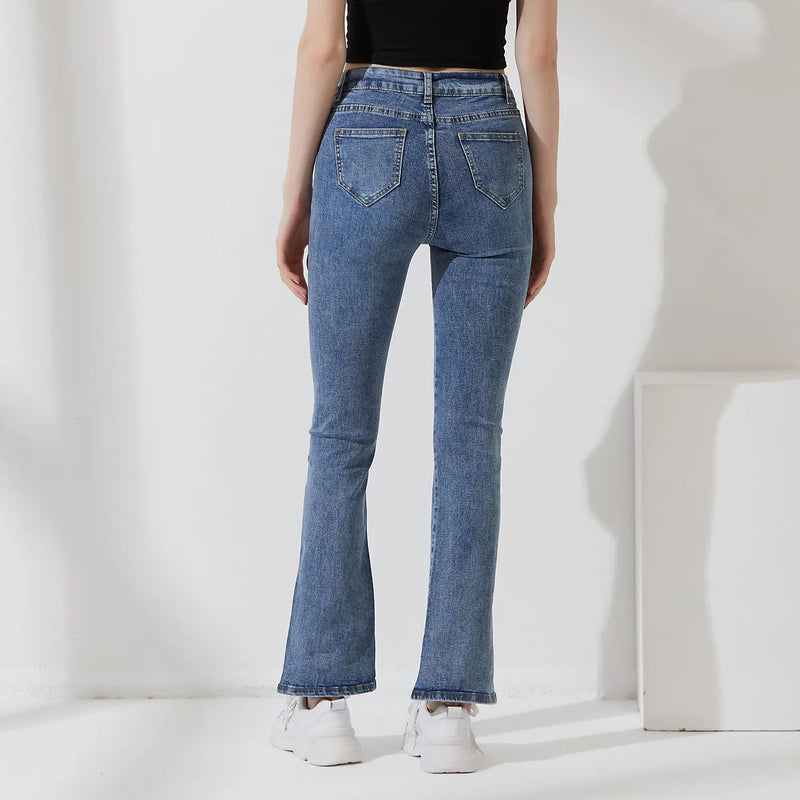 Women Streetwear Stretchy Long Denim Pants Ladies Split Hem High Waist Vintage Blue Pockets Slim Casual Jeans