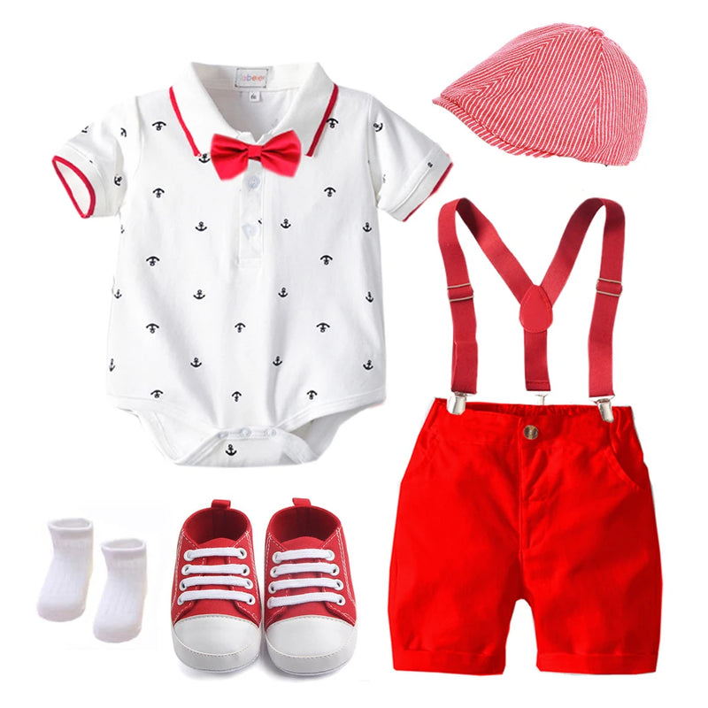 Cotton Boys Summer Clothes Set Birthday Dress White Infant Outfit Hat Rompers Bib Shorts