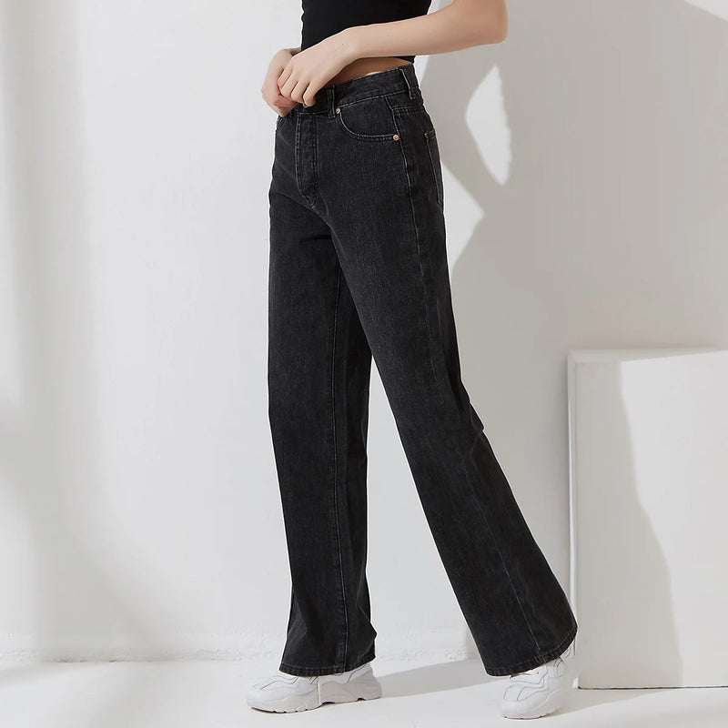 Women Street Style Wide Leg Long Denim Pants Ladies Spring Autumn Button Fly High Waist Pockets Casual Jeans