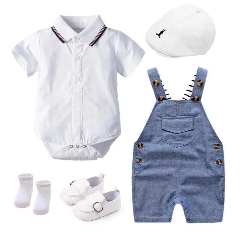 Newborn Boy Summer Baby Clothes Cotton Kids Birthday Dress White Infant Outfit Hat Romper Overall Shoes Socks