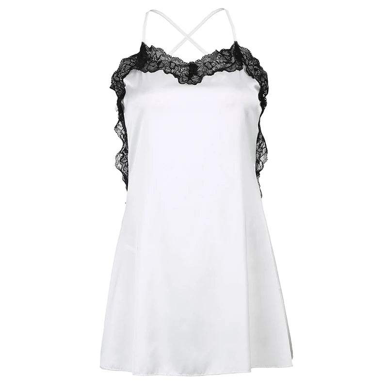 Lace Trim Satin White Dress Strap Mini Summer Dress Female Backless Party Dresses