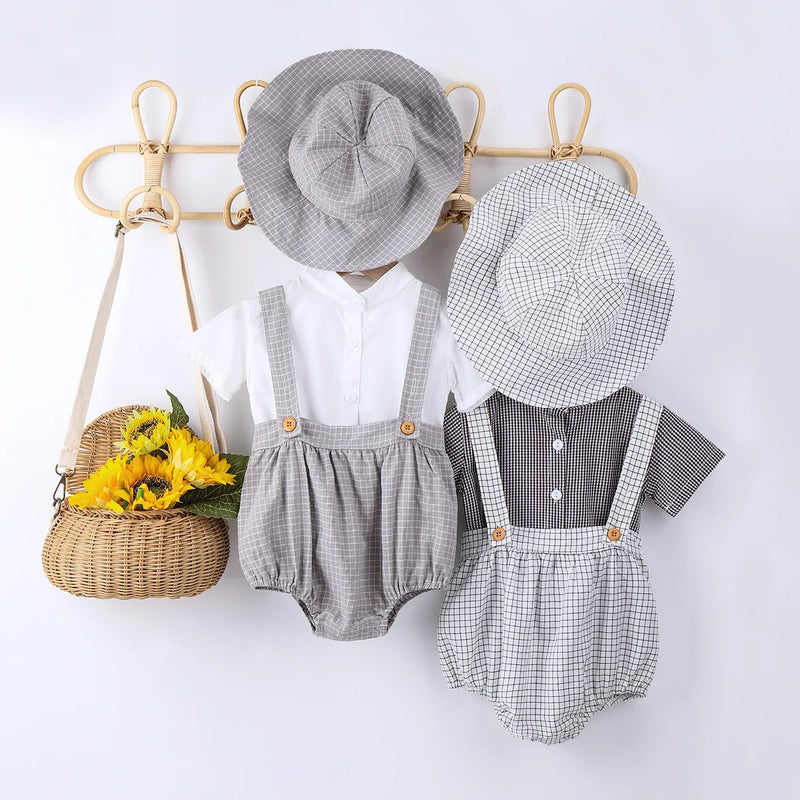 Cotton Baby Boys Clothes Plaid Dress With Cap Shoes Outfits Children Holiday Party Costume Short
