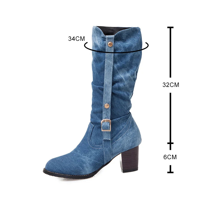 Boots Women's Long Tube Short Boot Winter High Heel Denim Boot Lady Stylish Jeans Boots Buckle Strap Shoes