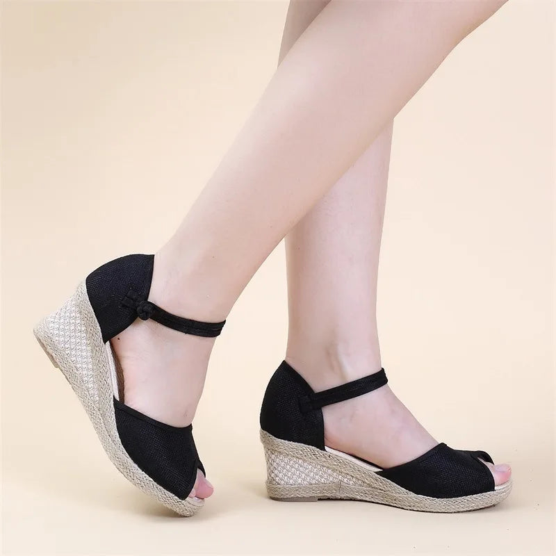Handmade Women Plain Linen Peep Toe Sandals Platform 5cm Heel Comfort Bohemian Ladies Summer Shoes
