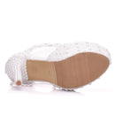 Crystal Queen White Lace Flower Bridal 14CM High Heels Round Toe Wedding Pumps Ankle Straps Women Sandals Bridesmaid Shoes