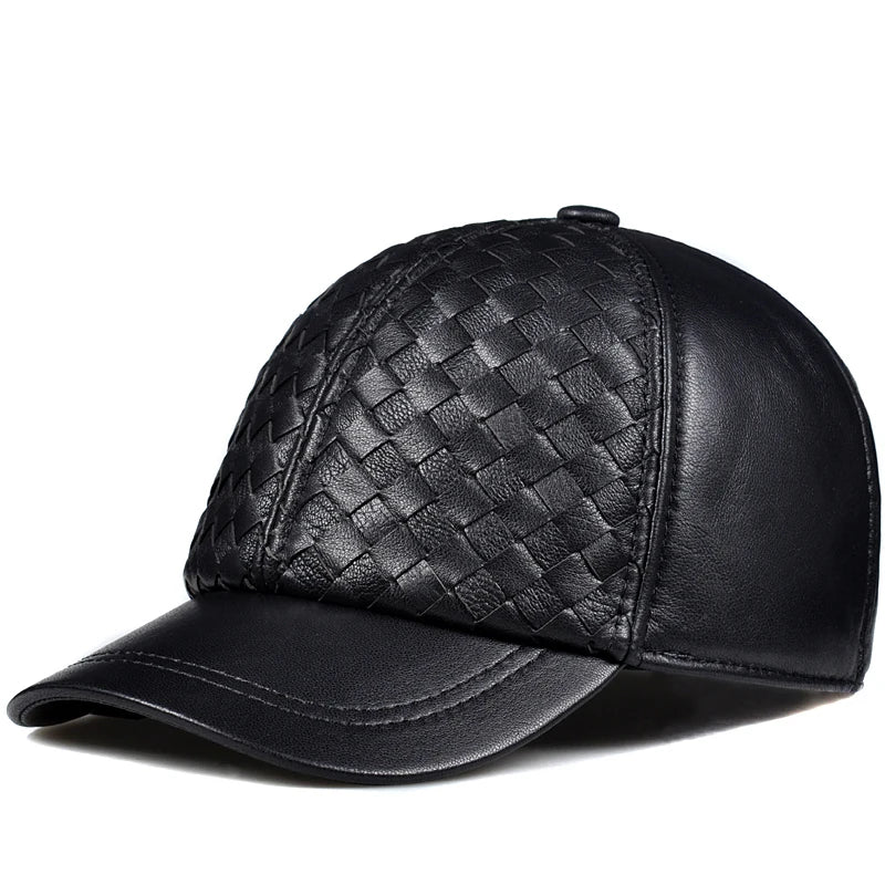 Spring Genuine Leather Hats Men Weave Casual Baseball Caps Streetwear Adjustable