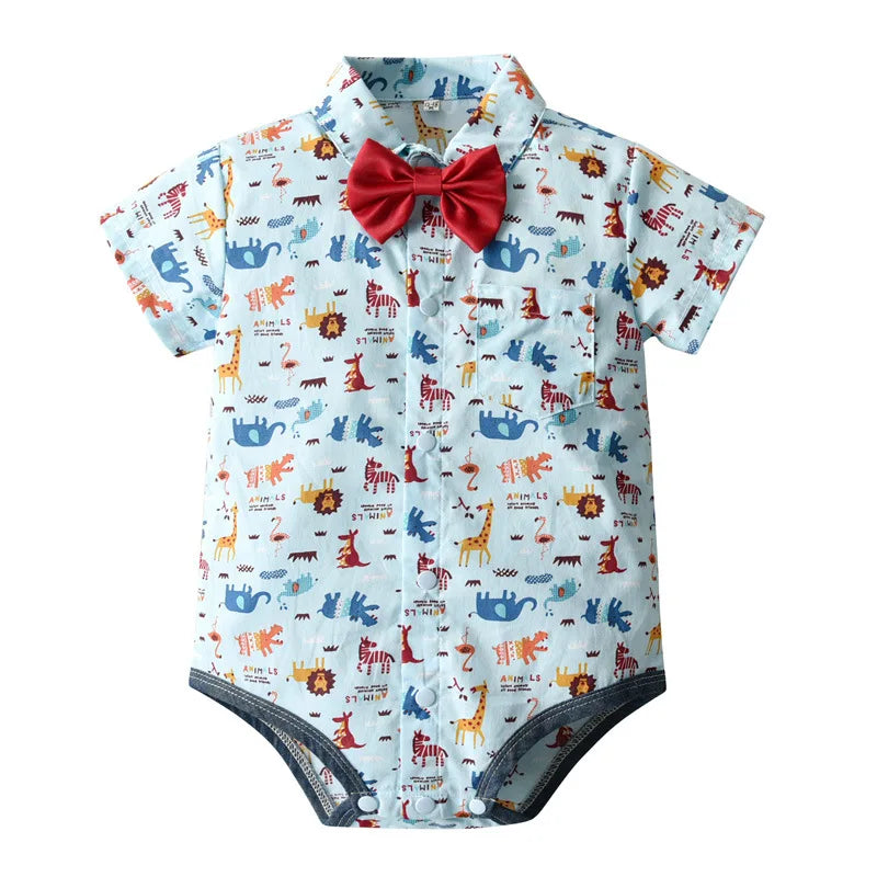 Summer Cartoon Gentleman Clothes Child Short-sleeved Cropped Trousers Baby Sling Two-piece Infant Boy Animal