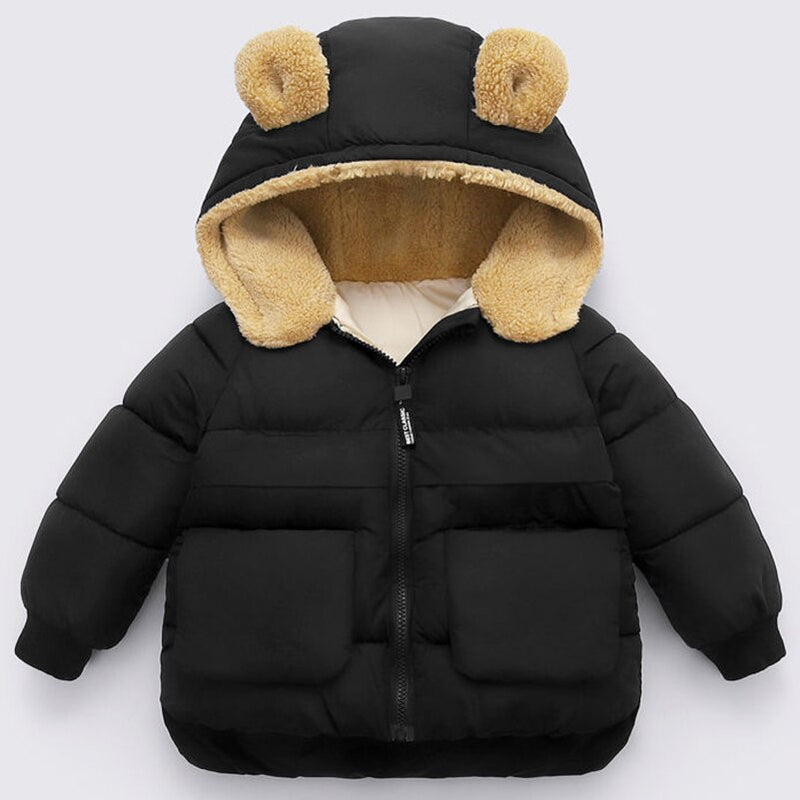 Baby Girls Woolen Thicken Bear Hooded Outerwear Winter Jacket Coat Toddler Overall Kids Cotton-Padded Children Clothing