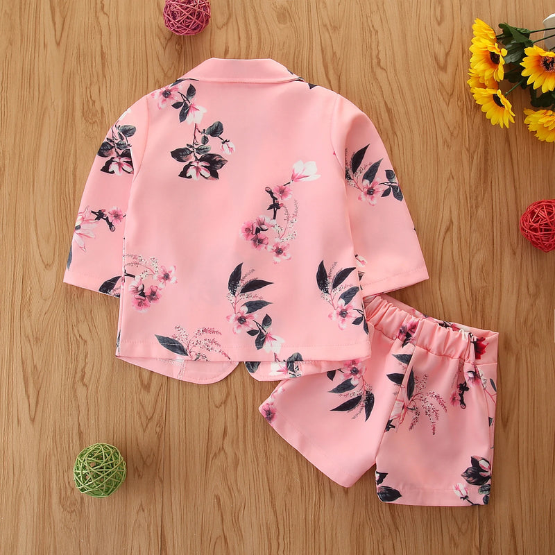 Spring Kids Baby Girl Floral Coat Shorts Suit Fall Long Sleeve Buttons Sports Formal Party Casual Wear Set