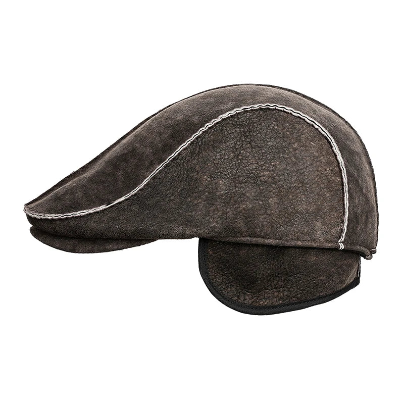 Men's Fur Hat Winter Male Real Leather Fur One Warm Beret Elderly Handmade Plaid Retro