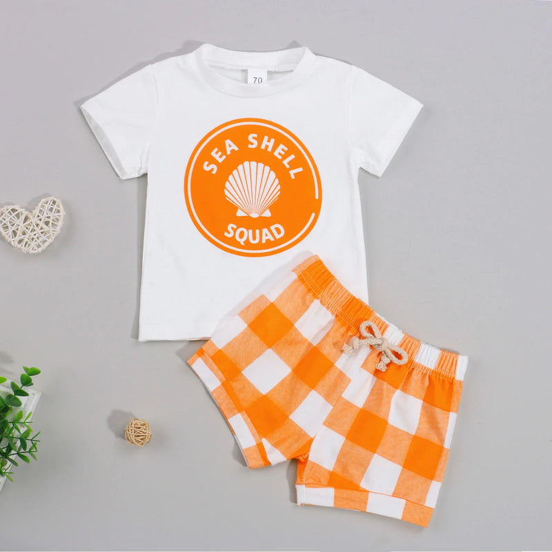 Summer Baby Girls Boys Clothes Sets Letter Short Sleeve T Shirts Plaid Shorts Outfits