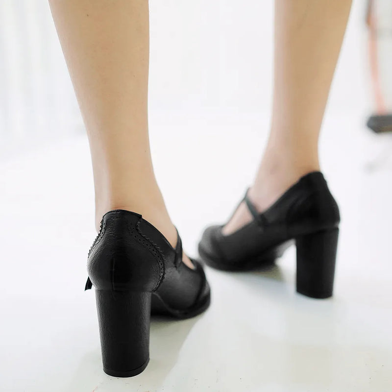 Women Pumps Buckle Thick Heels with T-strap Ladies High Heels Platform Women Pumps Footwear