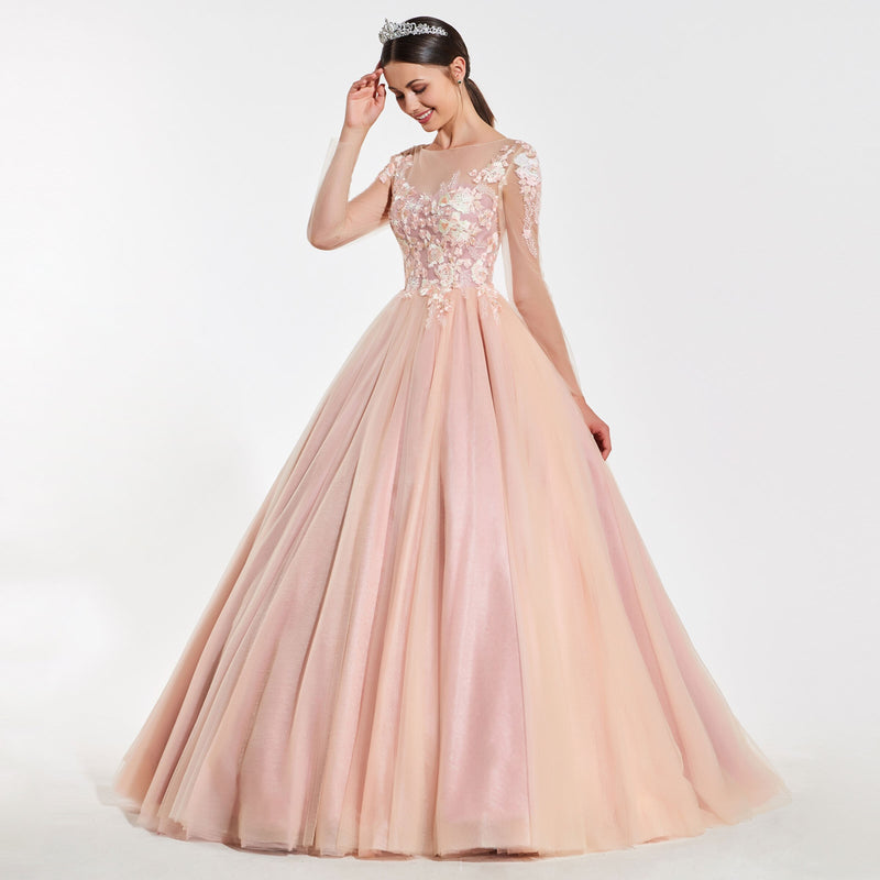 Dress Illusion Appliques Ball Gown Dress Scoop Neck Long Sleeves Button Designer Christmas Dresses