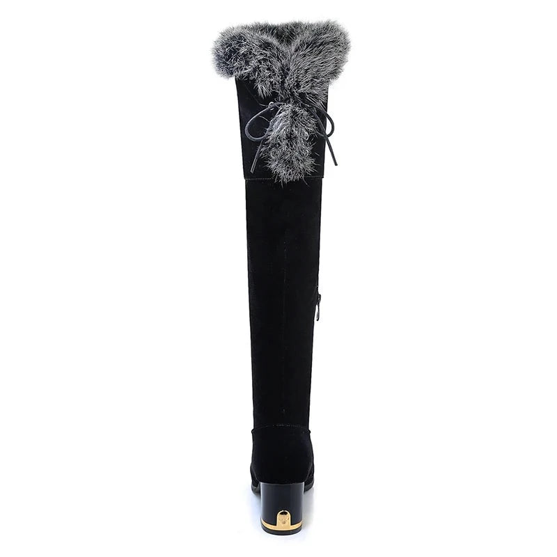 Natural Fur Winter Boots Women Knee High Long Boots Square Heel Winter Shoes Woman Waterproof Rubber Sole