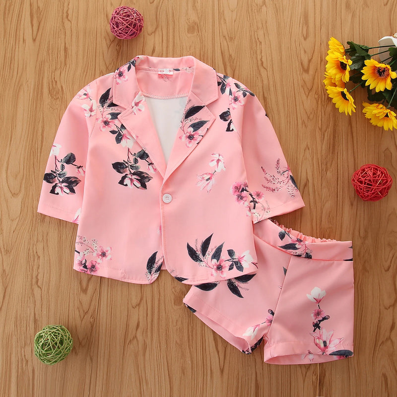Spring Kids Baby Girl Floral Coat Shorts Suit Fall Long Sleeve Buttons Sports Formal Party Casual Wear Set