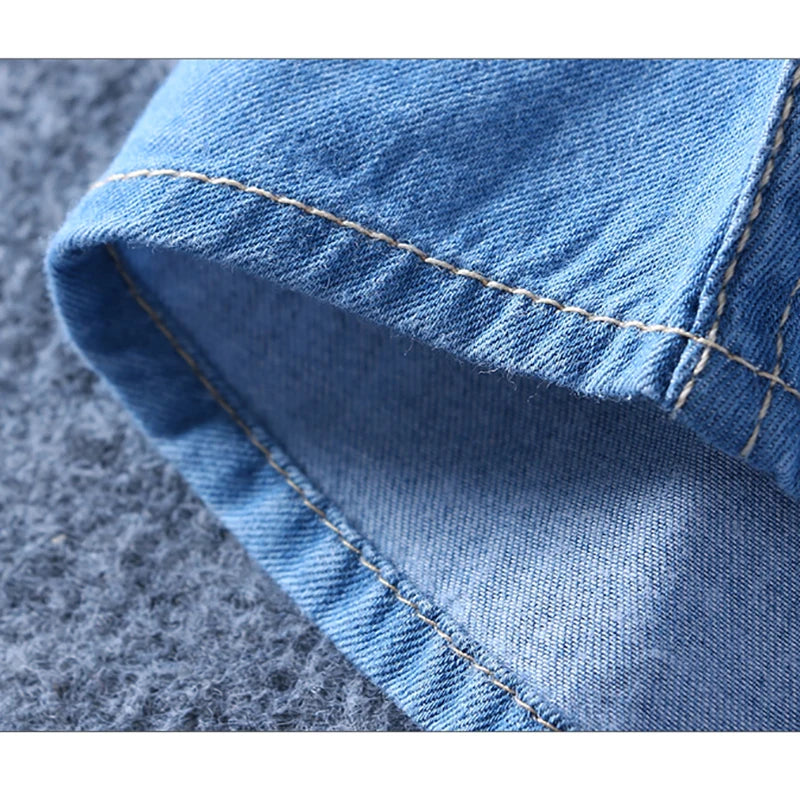 Men Denim Shirt Thin Long Sleeve Soft Cotton Double Pockets Slim Slight Elastic Jeans Blue Tops Cowboy Clothing
