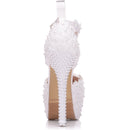 Crystal Queen White Lace Flower Bridal 14CM High Heels Round Toe Wedding Pumps Ankle Straps Women Sandals Bridesmaid Shoes