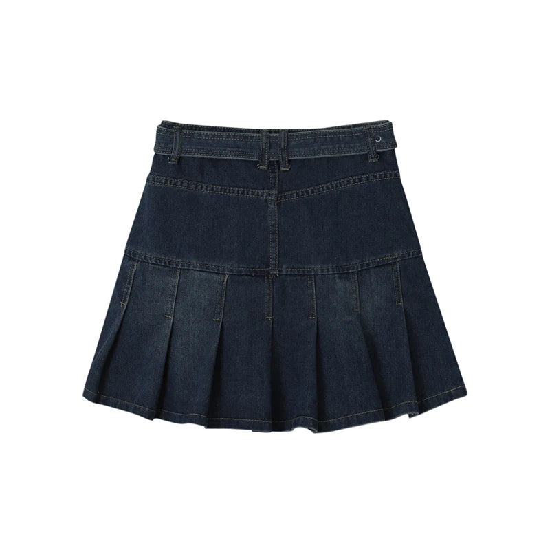 Waist Denim Mini Pleated Skirts With Belt Women Summer Retro Skirt Ins Female Casual Skirts