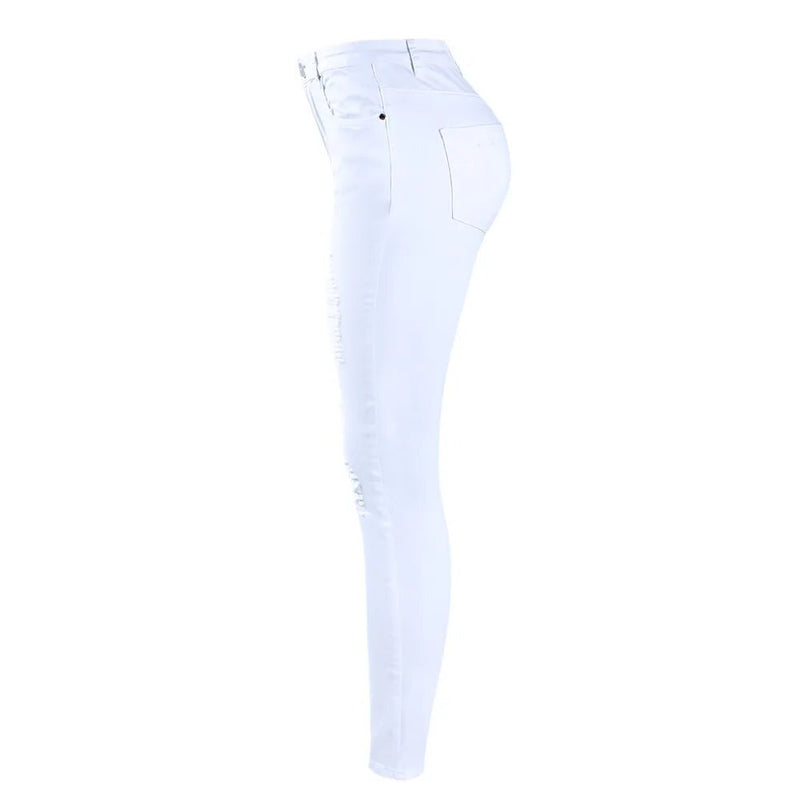 White Distressed Curvy Jeans Women Mid High Waist Stretch Denim Pants Ripped Skinny Jeans For Woman Jean