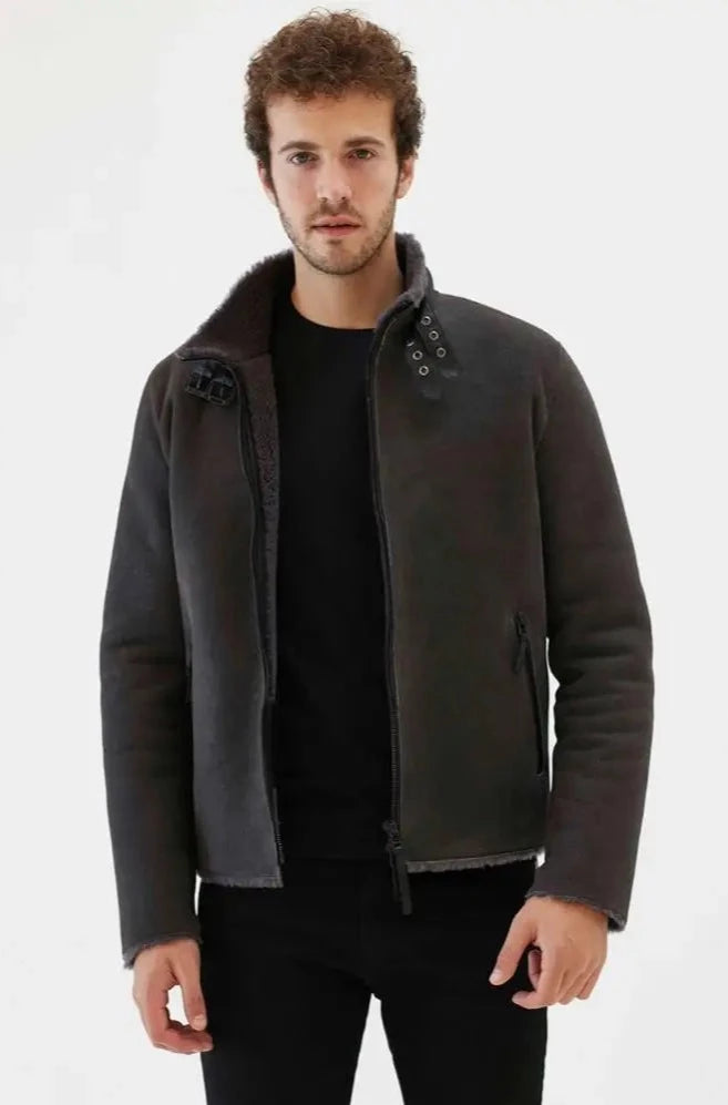 Mens Shearling Jacket Fur Coat Short Leather Jacket Men Motorcycle Jacket