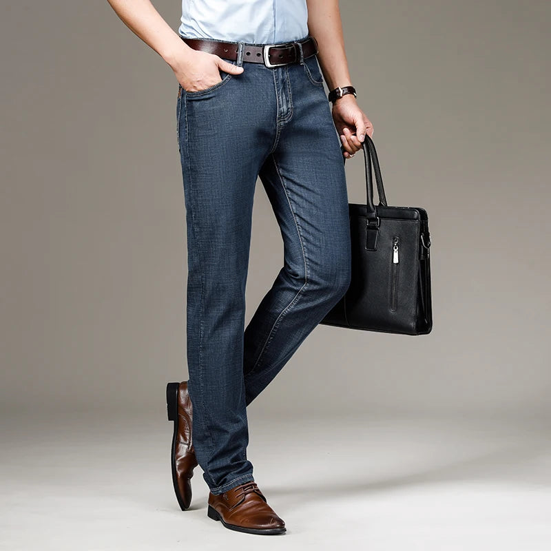 Classic Style Modal Fabric Men's Thin Jeans Spring and Summer Business Straight Denim Pants Male