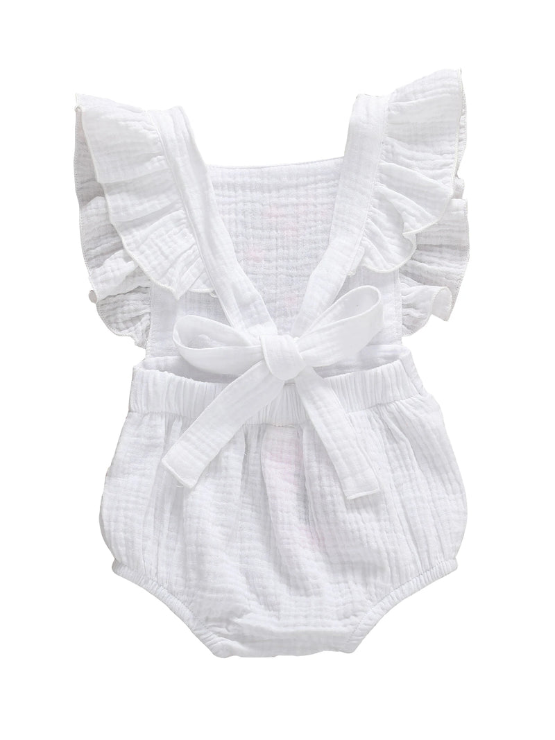Baby Summer Clothing Newborn Baby Girl Jumpsuit Cotton Linen Short Ruffle Sleeve Sunsuit Embroidery Flowers Bodysuit