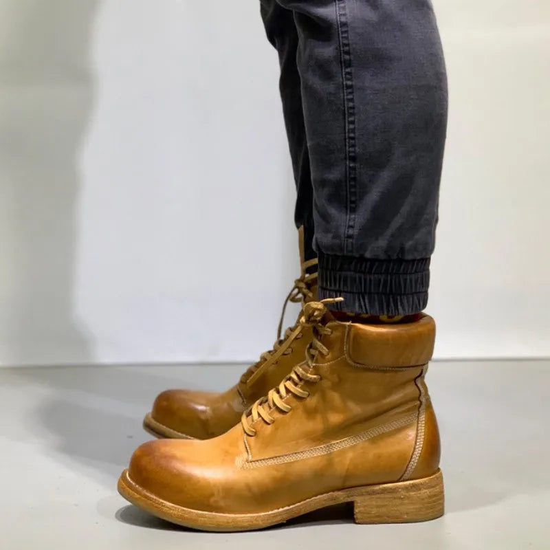 Retro Men Work Boots Genuine Leather High Top Shoes Handmade Casual Motorcycle Boots