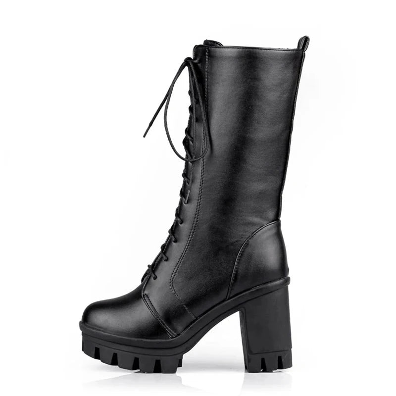 Spring Autumn Lacing Mid Calf Boots Women Square Heels Woman Motorcycle Boot
