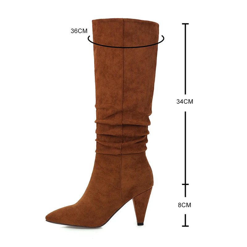 Knee High Boots for Women Folds Western Long Boots Female Winter Boots Pointed Toe heels