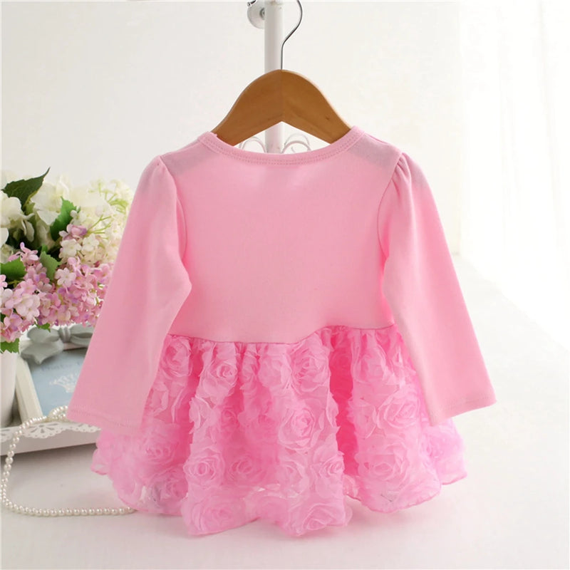 3-24M Baby Girls Dress 100% Cotton Infant Clothing Kids Clothes New Born Long Sleeves Flowers Party Princess NB Dresses Pink