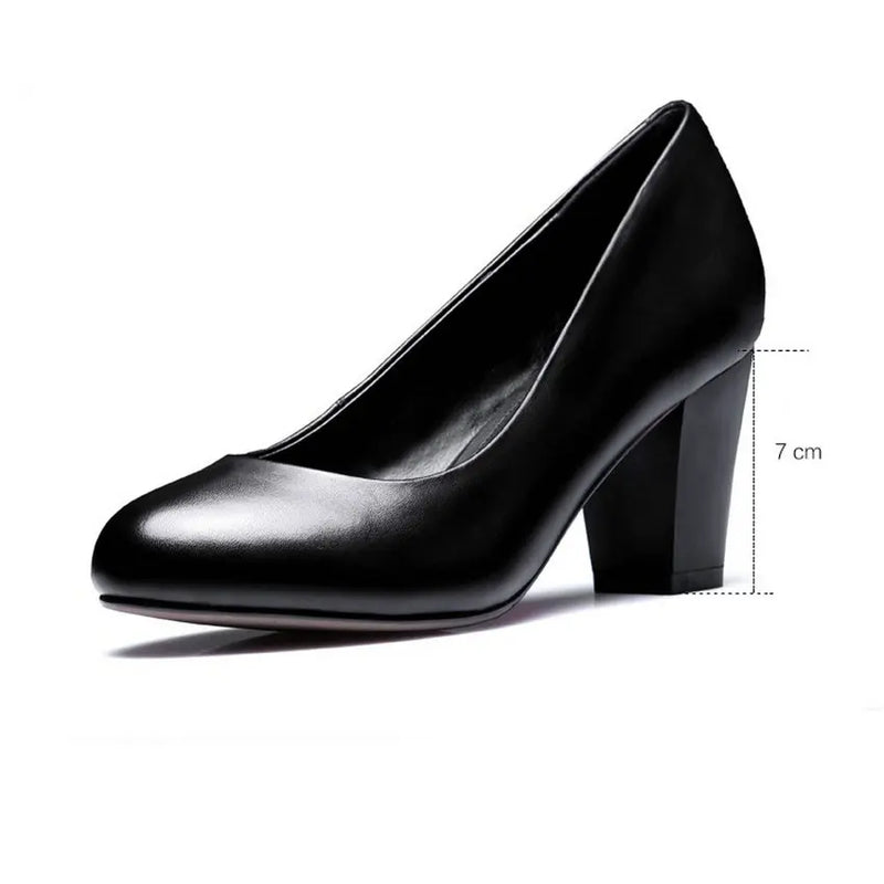 Office Lady Pumps Square Heel Women Black Work Pumps Round Toe Shallow Ladies Bonded Leather