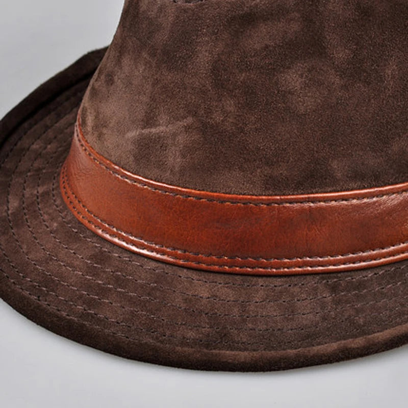 Genuine Leather Nubuck Brown Fedoras Hats Gentleman Caps 56-60cm Fitted Hat