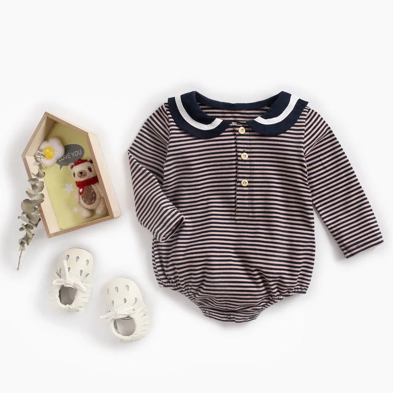 Autumn Baby Clothes Navy Collar Long Sleeve Striped Jumpsuit Active Unisex bodysuit toddler baby boy Outfits Cotton Infant sets