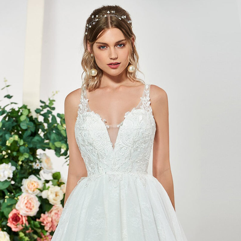 Ivory elegant v neck a line appliques sleeveless wedding dress floor length bridal outdoor lace wedding dresses