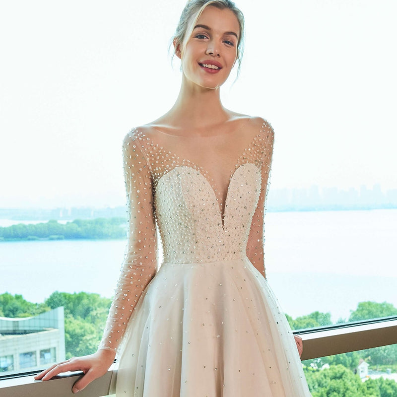 scoop neck wedding dress a line long sleeves appliques sequins lace floor length bridal outdoor church wedding dresses