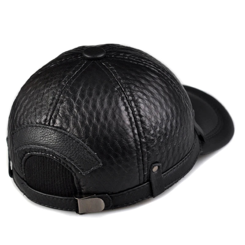 Spring Winter Genuine Leather Head Protection Baseball Caps Black Plaid Embossing Adjustable Hat For Man