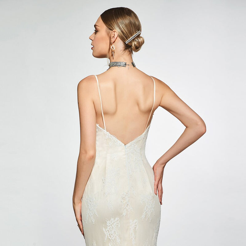 Elegant sample spaghetti straps trumpet wedding dress sleeveless lace floor length simple bridal gowns wedding dress