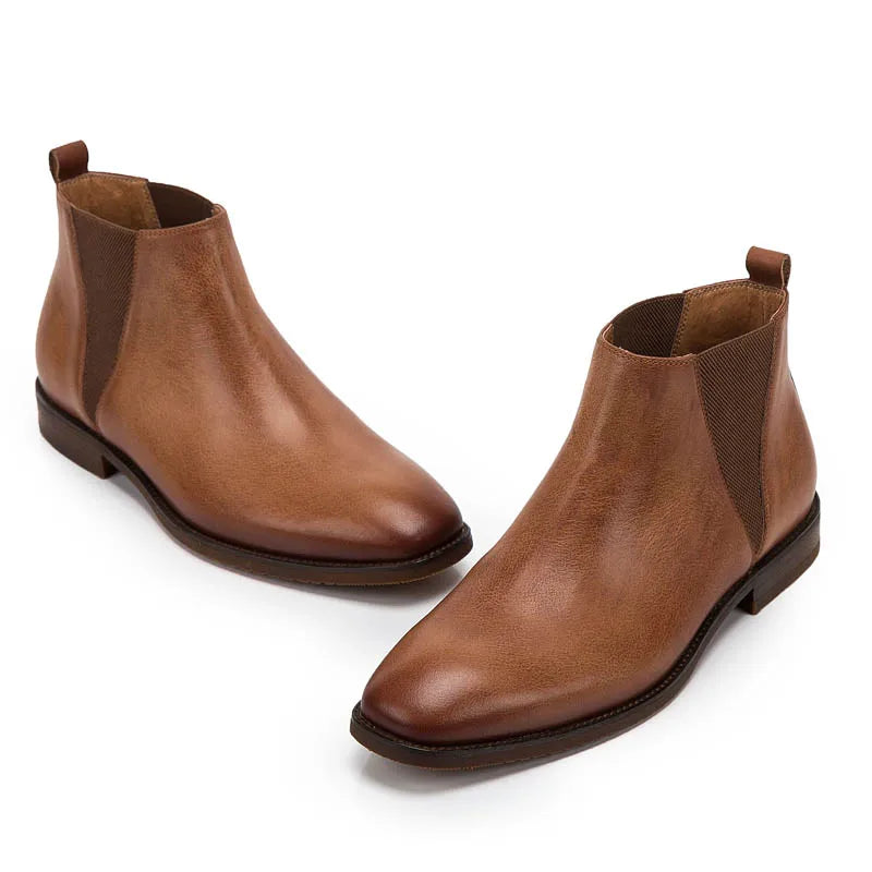 Vintage Genuine Leather Mens British Style Ankle Chelsea Boots Soft Leather Male Low Heel Warm Breathable Brown Casual Shoes