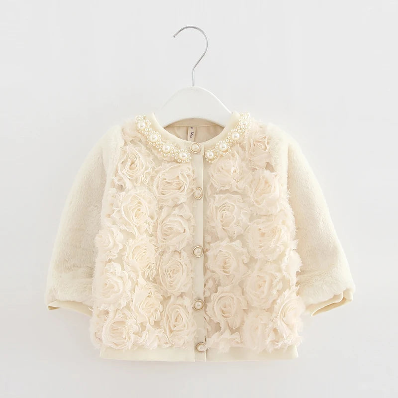 Baby Toddler Faux Coat Girls Winter Warm Jacket Snowsuit Children outerwear full of Flowers Pearls Collar Kids Clothes