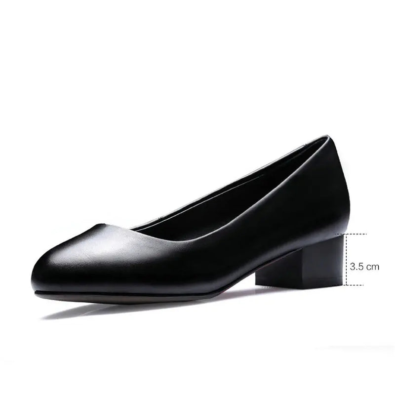 Office Lady Pumps Square Heel Women Black Work Pumps Round Toe Shallow Ladies Bonded Leather