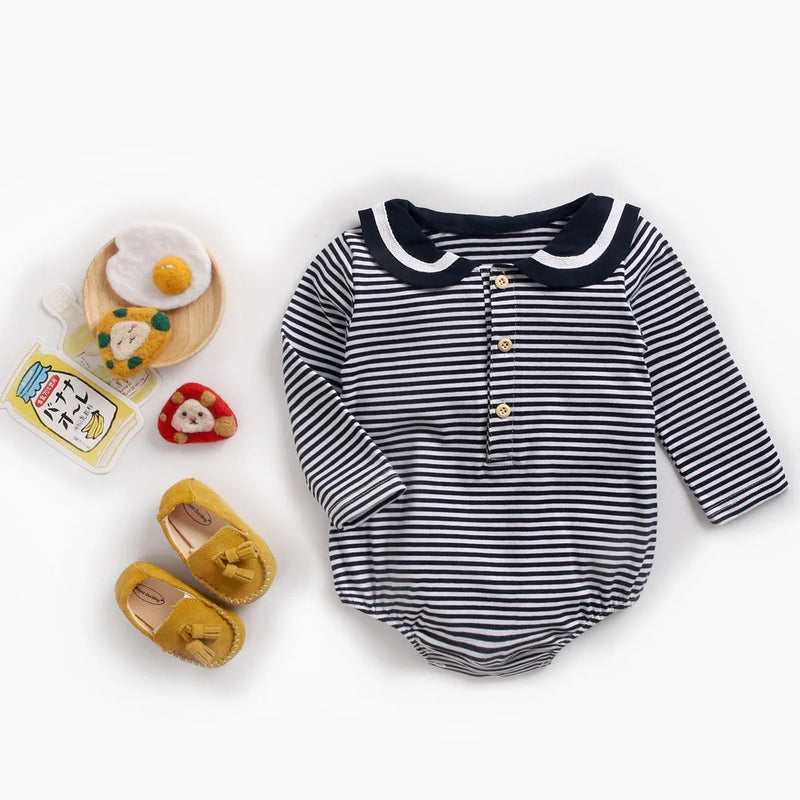 Autumn Baby Clothes Navy Collar Long Sleeve Striped Jumpsuit Active Unisex bodysuit toddler baby boy Outfits Cotton Infant sets