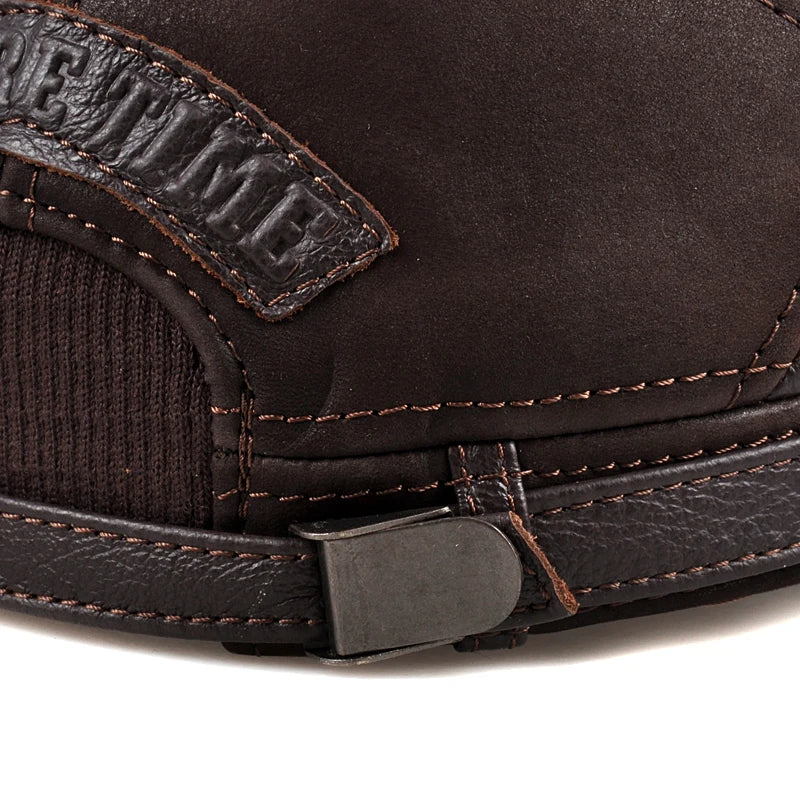 Winter Men Genuine Leather Ceiling Earmuffs Flat Hat Male Keep Warm Leisure 57-60 cm Adjustable