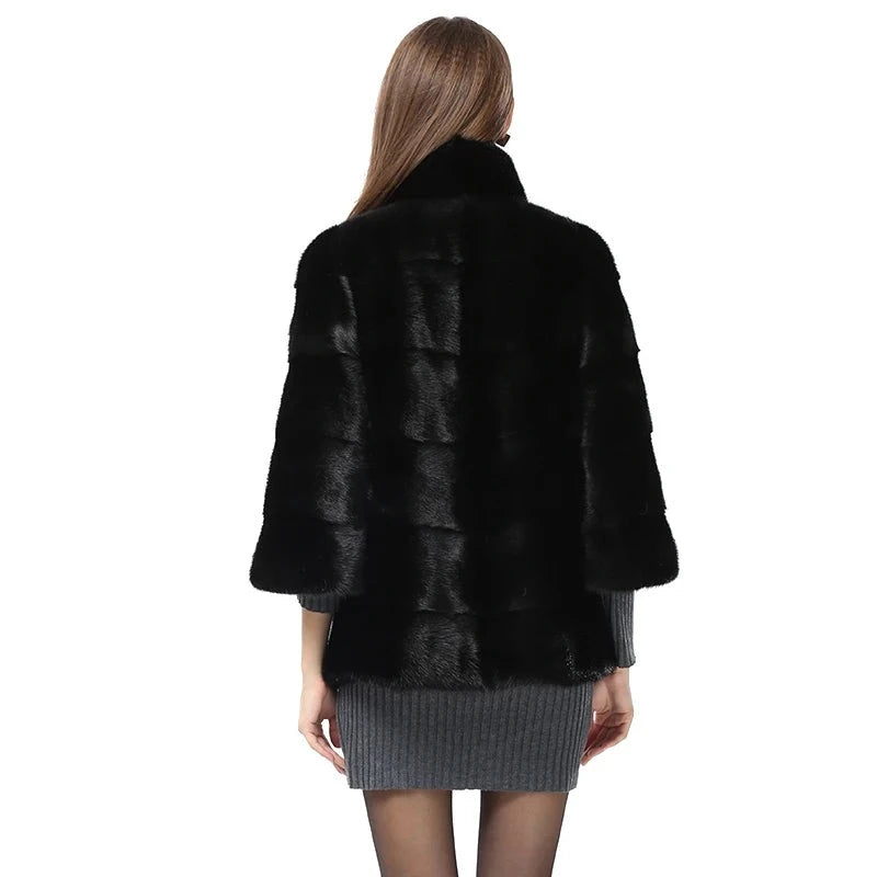 Natural Real Fur Coat Sleeve Women Mink Fur Coats Stand Collar Jackets Outwear Real Fur Clothing