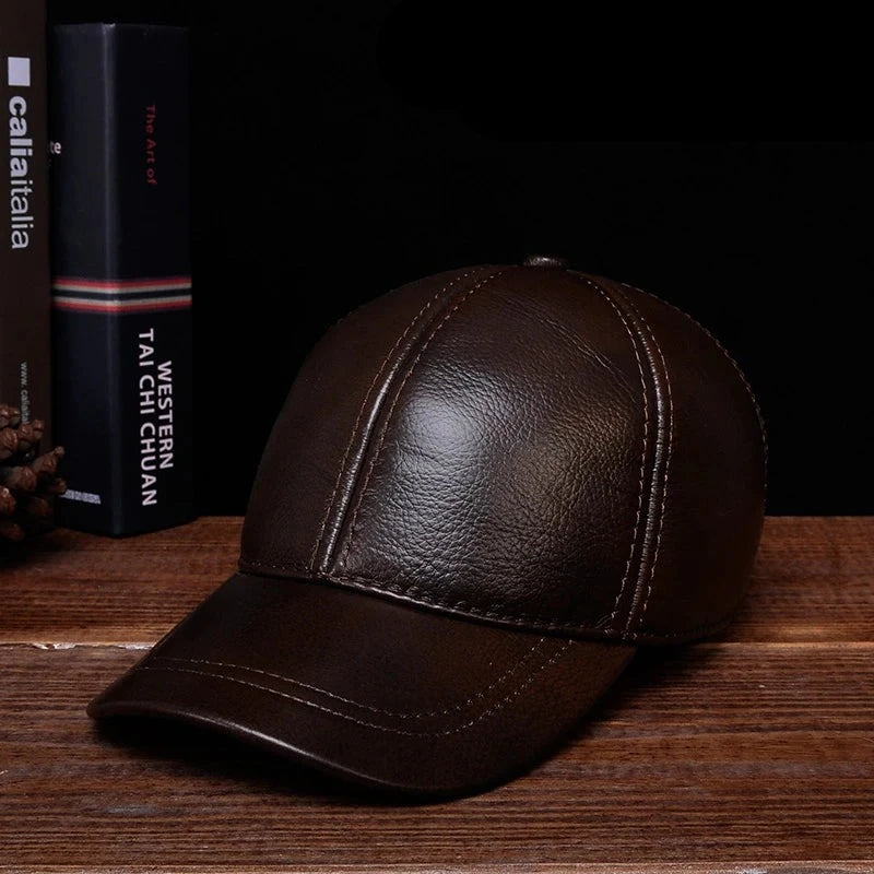Genuine Leather Wide Brim Baseball Caps Men Classic Sewing Snapback Golf Social Tricycle Warm Hats