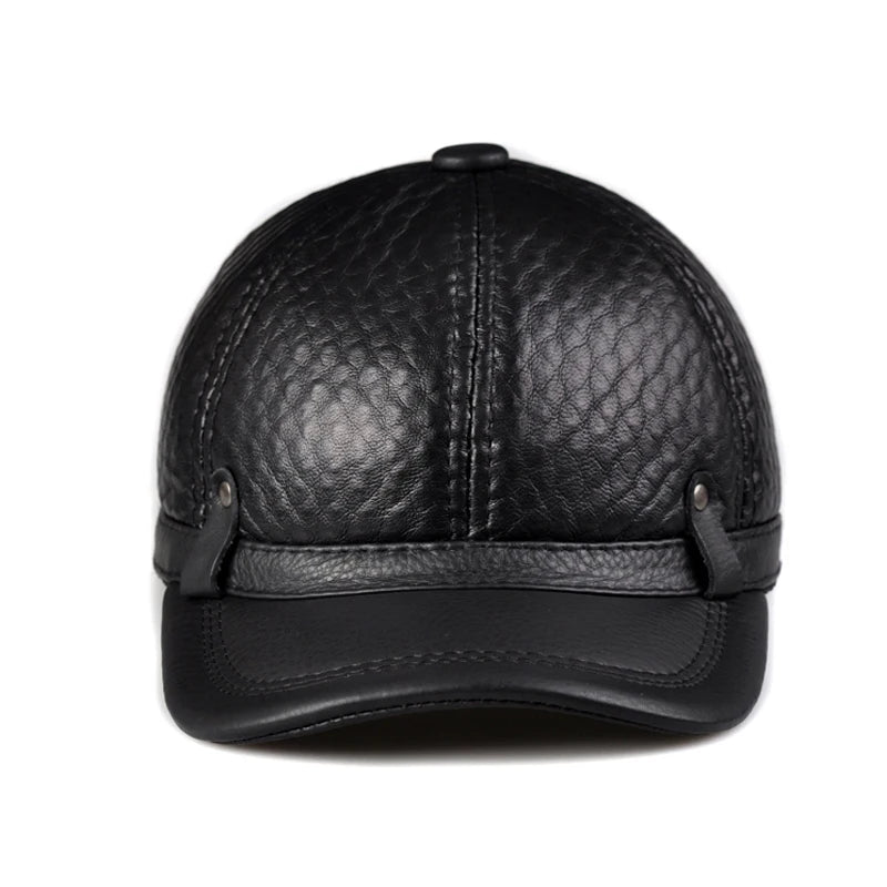 Spring Winter Genuine Leather Head Protection Baseball Caps Black Plaid Embossing Adjustable Hat For Man