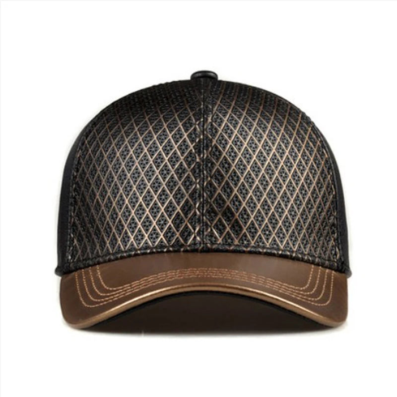 Genuine Leather Baseball Hats Golden Caps Grid Net Surface Street Luxury